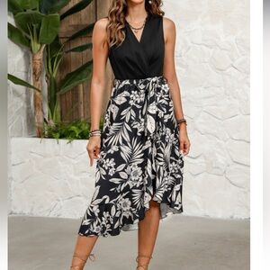 Women’s Sleeveless V-Neck Asymmetrical Ruffle Midi Dress